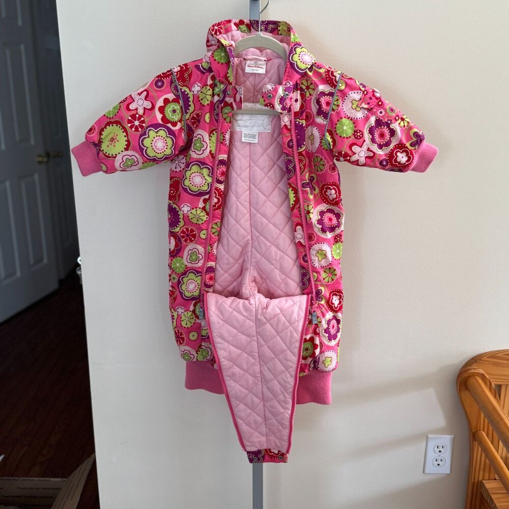 Hanna Andersson Floral Hooded Snowsuit Winter Toddler Girls 80 18 24M 2T Pink - Picture 3 of 14